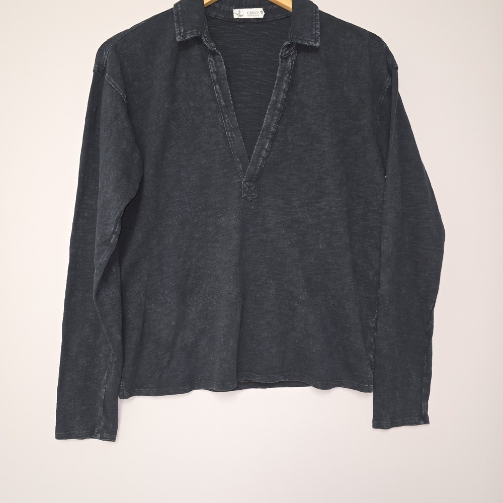 Carve Designs Mara Polo Top Shirt Slub Knit Size L Navy Organic Cotton Womens - Picture 6 of 9